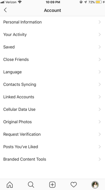 instagram account options screenshot